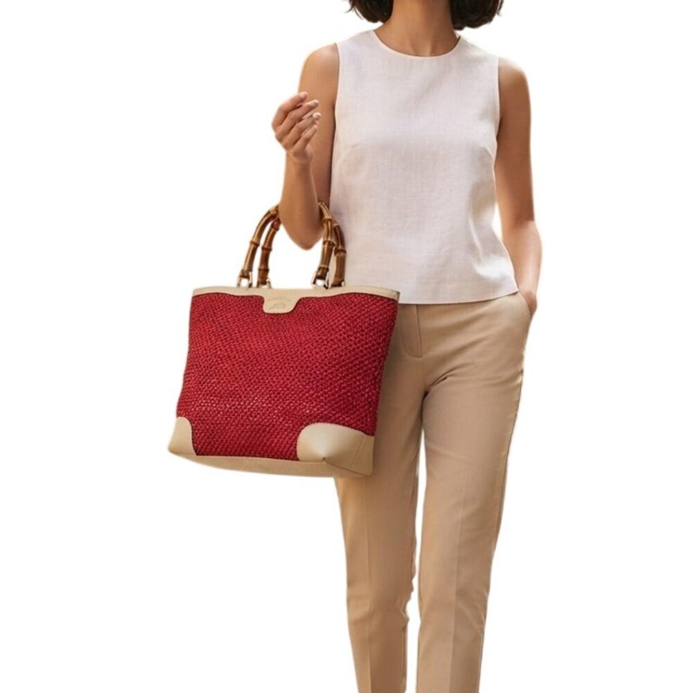 Gucci Red Raffia Straw Mesh Bamboo Handle Large Tote Bag Ivory Leather Women's